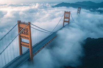 Fototapeta premium Elevated view of a bridge emerging from clouds at sunrise over a mountainous landscape