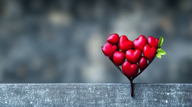 Heart made of red apples and a leaf. The apples are arranged in a heart shape and the leaf is placed on top of the apples