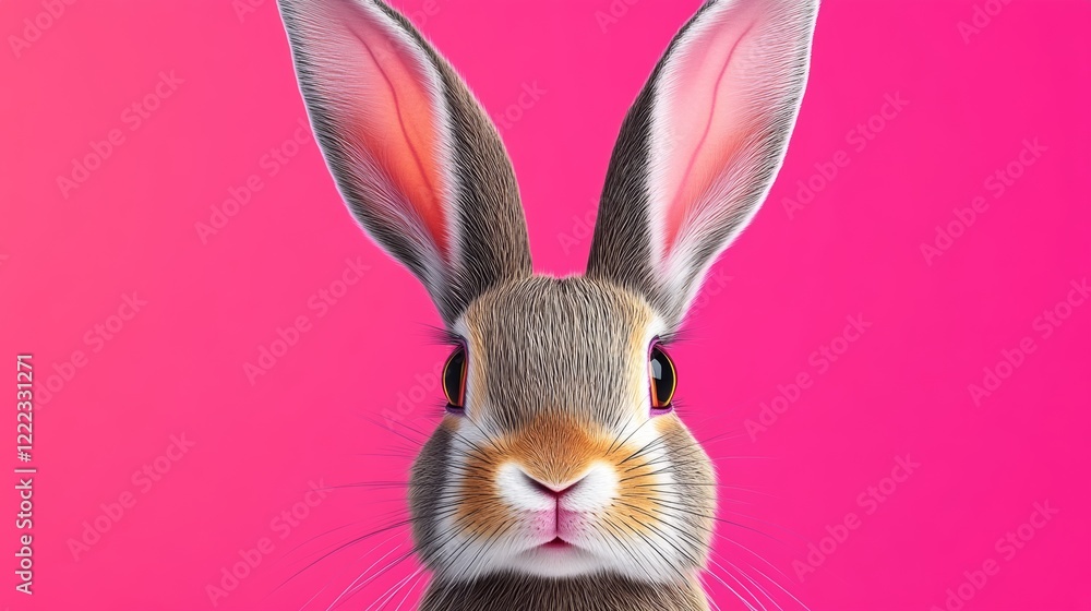 Poster rabbit with pink ears is staring at the camera. the pink background adds a playful and whimsical tou