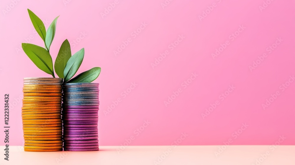 Poster stack of coins with a green leaf on top. the coins are of different colors and sizes