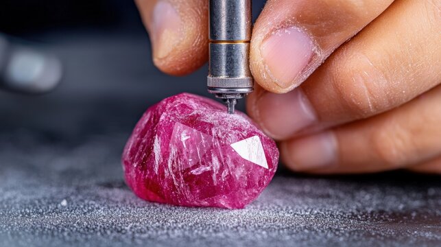 Jewel maker polishing a gemstone, using a small rotary tool with perfect concentration