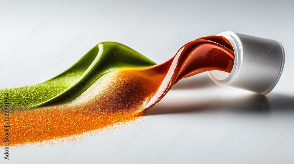 Poster flowing gradient of colorful powders spilling from a container