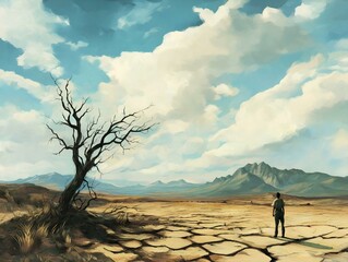 lone figure in a desolate landscape, barren land, single tree, dramatic sky