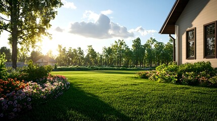 Obraz premium Serene Landscape with Lush Grass and Blooming Flowers at Dusk