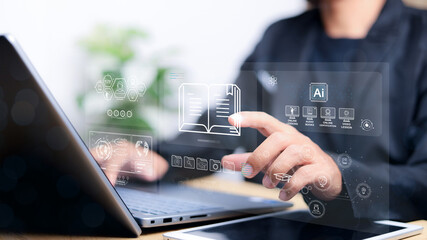 E-learning program certificate and online education learning workshop training.Male and female students icons virtual screen and Video lesson online classes on the internet.