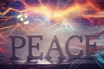 Double exposure Peace Word Written In Wooden Letters and abstract technology background....