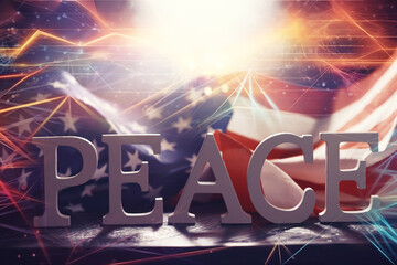 Double exposure Peace Word Written In Wooden Letters and abstract technology background....