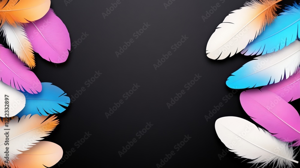 Poster black background with a colorful feather pattern. the feathers are in various colors and sizes, crea