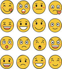 Fototapeta premium Emoji emoticon faces, yellow round kawaii faces, set of sixteen different expressions