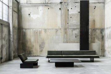 Generative AI, Modern Industrial Minimalist Living Room with Olive Green and Black Accents