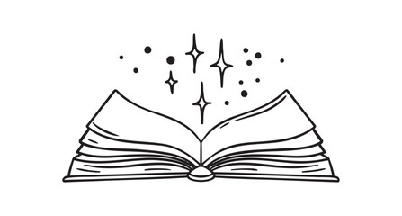 Open library book magic of reading, shining with stars doodle hand drawn icon. Outline drawing open book line clipart symbol