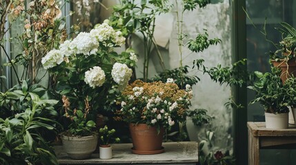 Lush indoor garden with white flowers and soft natural lighting