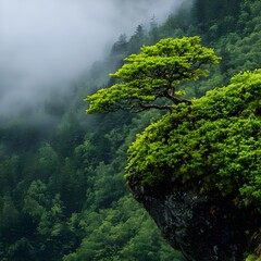 Lush Green Tree on Rocky Outcrop in Mystical Foggy Landscape