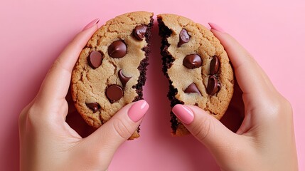 Person is holding a cookie with chocolate chips in their hand. The cookie is half eaten, and the other half is still intact