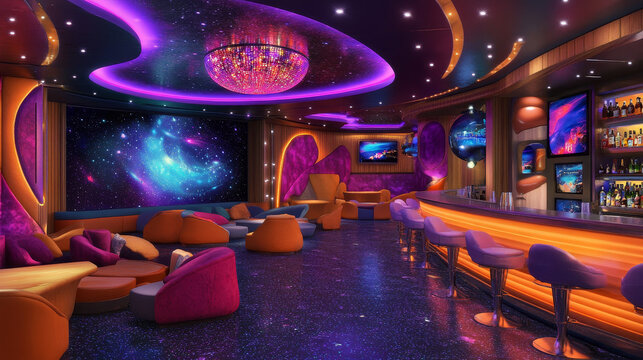 Karaoke club with stage and microphone, dance floor and bar. Projectors shine on the walls, disco ball with light and tables and cocktails. Vector cartoon illustration
