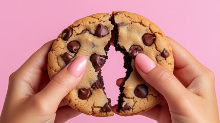 Person is holding a cookie with chocolate chips in their hand. The cookie is half eaten, and the person's nails are painted