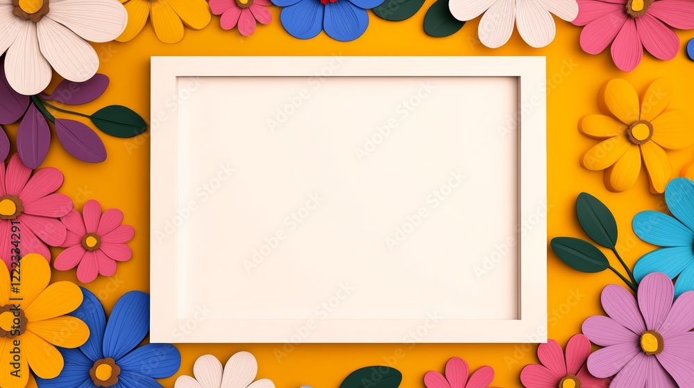 Poster frame with a white background and a colorful flower border. the frame is empty, but the flowers surr