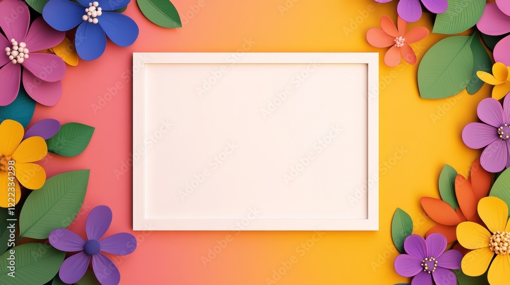 Aufkleber white frame with a colorful background of flowers. the frame is empty and the background is full of 