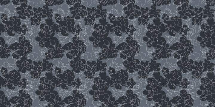 Seamless floral pattern with dark blue and gray flower silhouettes and white outline sketches.