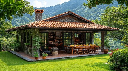 Obraz premium Stone House with Mountain View:Rustic Charm in a Serene Setting