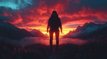 Obraz premium Sunset Silhouette: A Hiker's Journey Through Majestic Mountains