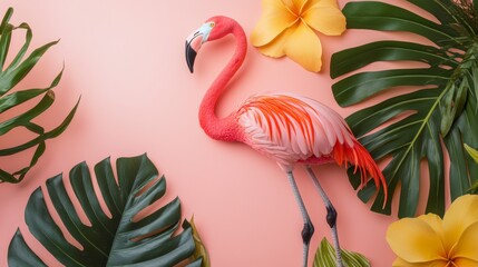 Flamingo standing among tropical leaves with vibrant background