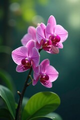 Pink orchid sways gently in the breeze on a slender branch, flowers, orchids, leaves