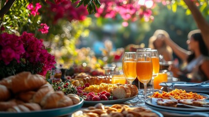 Outdoor breakfast table with juices and pastries amidst colorful flowers