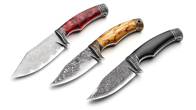A series of nine worn and tarnished knives with various handle colors. 