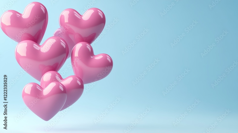 Poster pink hearts floating in the air. the image is of a blue background with pink hearts floating in the 