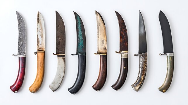 A series of nine worn and tarnished knives with various handle colors. 