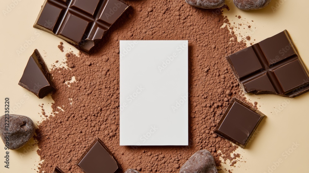 Poster white piece of paper is on top of a pile of chocolate and rocks. the paper is empty and the chocolat