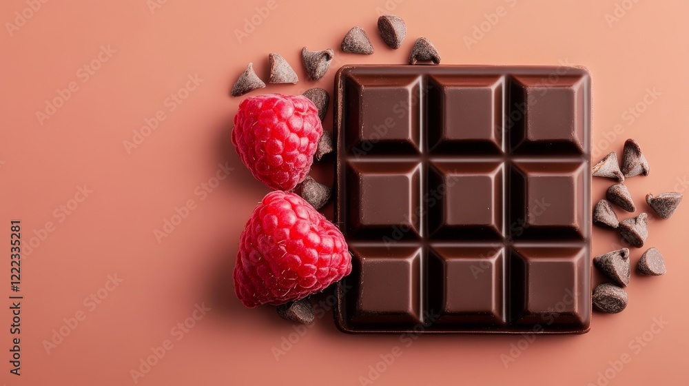 Poster chocolate bar with raspberries on top. the chocolate bar is square and has a square shape
