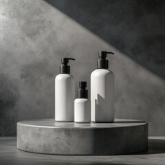 Blank cosmetics bottles mockup. White opaque bottles with black dispenser caps, with spray nozzle. Three containers sitting on natural stone round podium, gray background