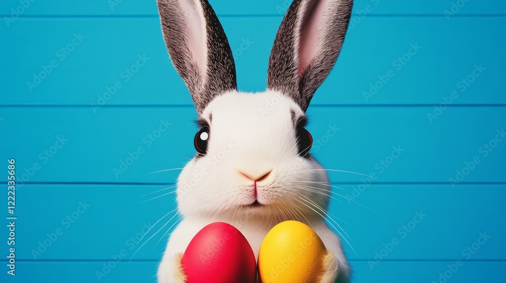 Poster rabbit is holding two eggs in its mouth. the rabbit is looking at the camera with a curious expressi