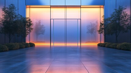 Fototapeta premium Contemporary Building Featuring Expansive Glass Entrance Surrounded by Lush Green Tree Creating a Harmonious Blend of Nature and Modern Architecture in an Urban Environment