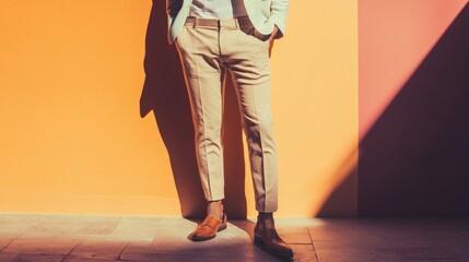 Man standing against a bold orange wall in natural light