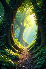 Obraz premium Ancient roots, clinging vines, dappled sunlight, trees, texture, shadow