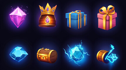 Cartoon vector ui game slot icon set with crown. Gift box, treasure chest, refresh button and lightning energy sign illustration isolated on background. Glowing diamond, bomb and barrel design