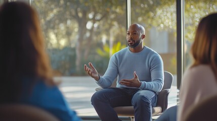 A professional social worker engages with individuals in a group setting, fostering open dialogue and emotional support in a welcoming environment. Participants actively listen and share