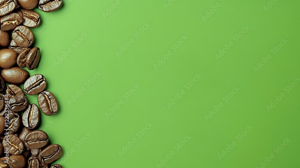 Poster green background with coffee beans on it. the beans are scattered around the background and are of d
