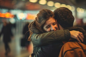 Fototapeta premium Emotional Hug of a Young Couple Reuniting at the Airport