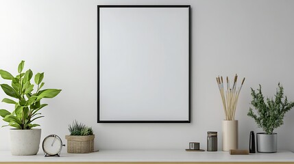 Beautiful home styling featuring bench vase and empty wall frame decor