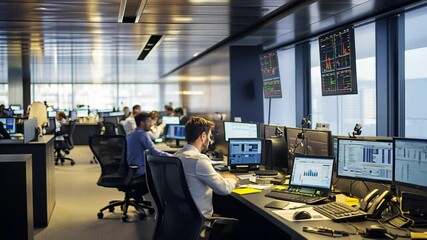 Busy trading floor with professionals analyzing data on multiple screens in a modern office - Powered by Adobe