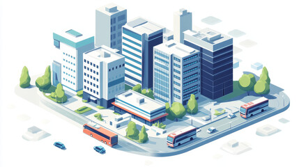 Smart city hospital system isometric landing page. Futuristic medicine technologies, clinic network in smartcity with neon glow skyscrapers, health care infrastructure development 3d vector web banner