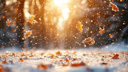 Naklejka premium Falling autumn leaves glisten in sunlight amidst a snowy forest landscape during the evening