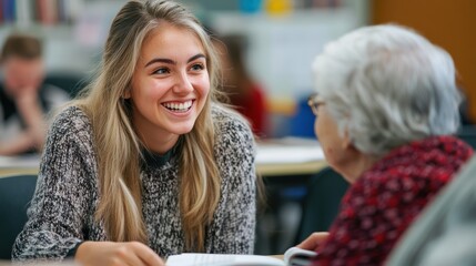 In a bright classroom, an adult female teacher smiles while connecting with an elderly woman, fostering engagement and building supportive relationships among students and clients