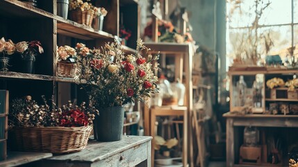 Rustic greenhouse interior with potted plants and wooden shelves
