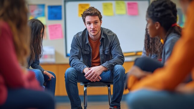 A social worker facilitates a group discussion, actively listening to youth participants in a community center. The atmosphere is open and encouraging, fostering connection and support