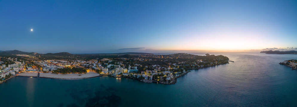 Aerial view of Costa de la Calma and Santa Ponsa in Mallorca at sunset